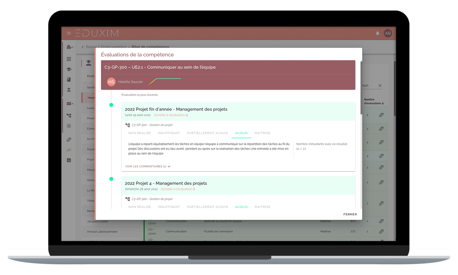 Eduxim example bilan de compétence vue détails des évaluations