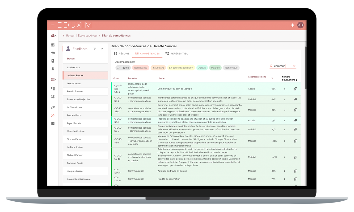Eduxim example bilan de compétence avec la liste de tous les liste
