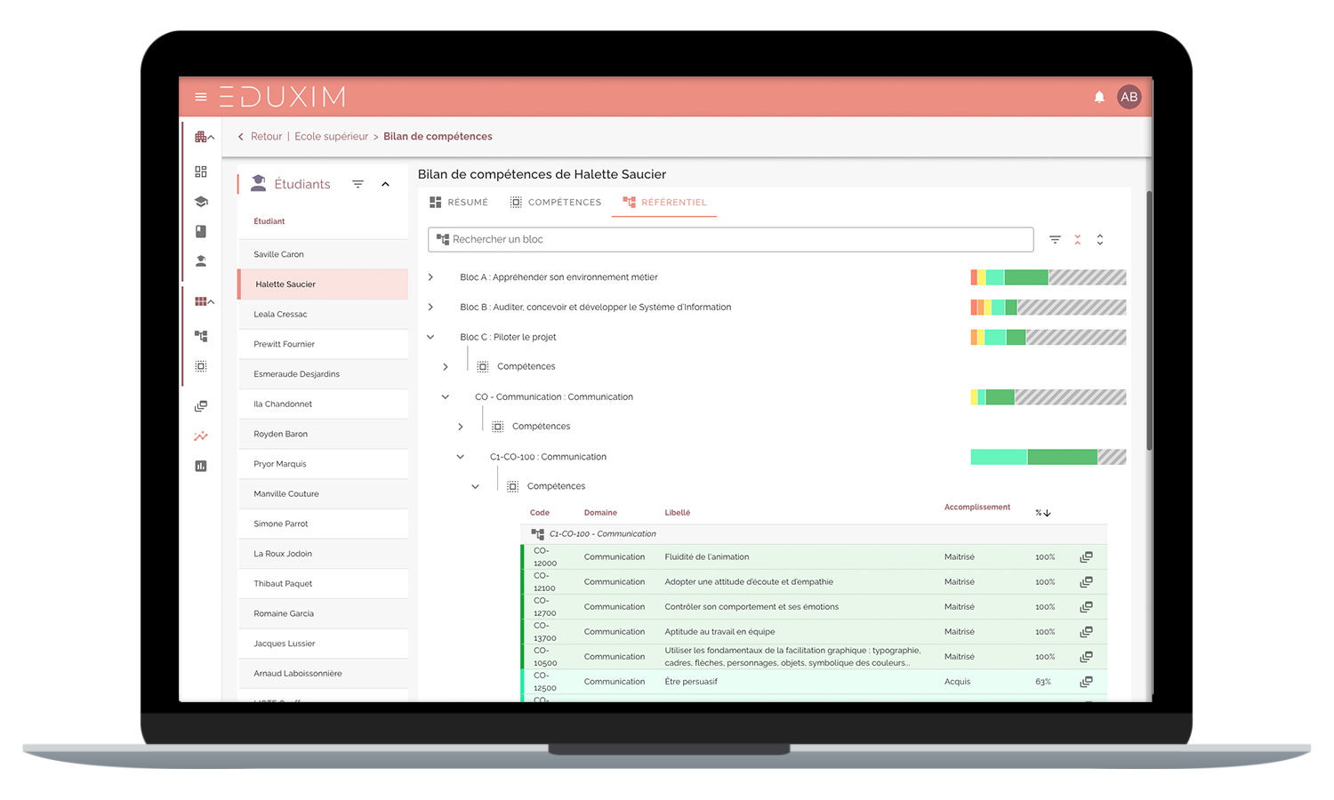 Eduxim example bilan de compétence vue référentiel