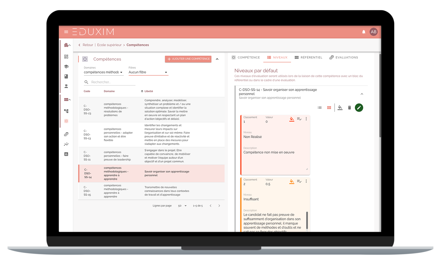 Détails d'une compétence avec ses niveaux de performances